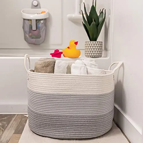 OrganiHaus XXL Cotton Rope Basket | Wide 20" x 13.3" Blanket Storage Basket with Long Handles | Decorative Clothes Hamper Basket | Extra Large Baskets for Blankets Pillows or Laundry (Gray)