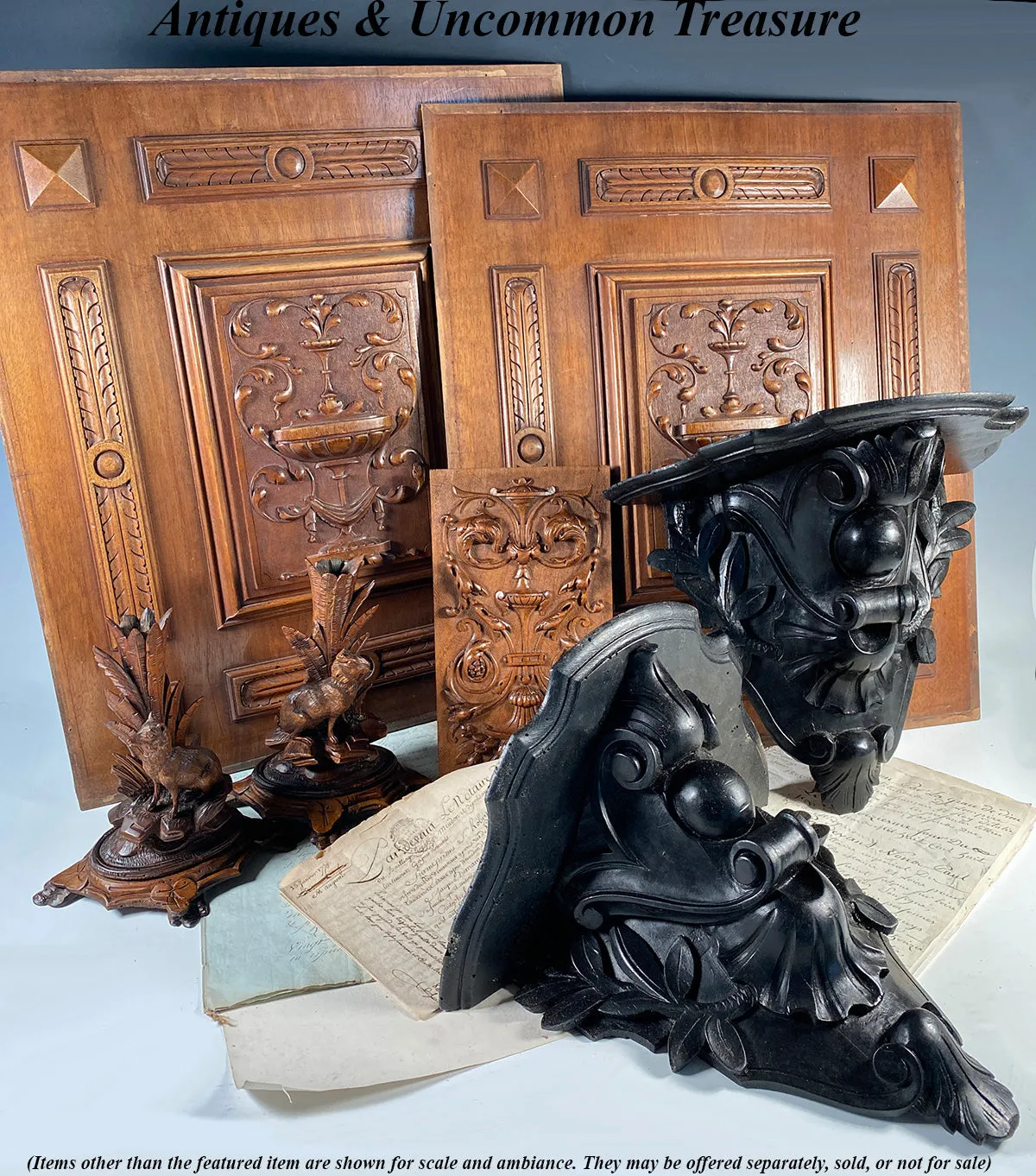 Pair of Large Antique French Carved Wood 13.5" x 11" Wall Shelves, Bracket Shelf Pair