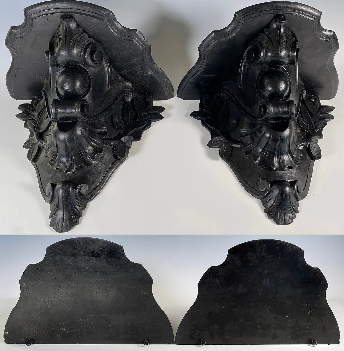 Pair of Large Antique French Carved Wood 13.5" x 11" Wall Shelves, Bracket Shelf Pair
