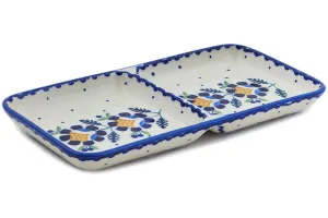 Polish Pottery 10" Divided Dish Orange And Blue Flower