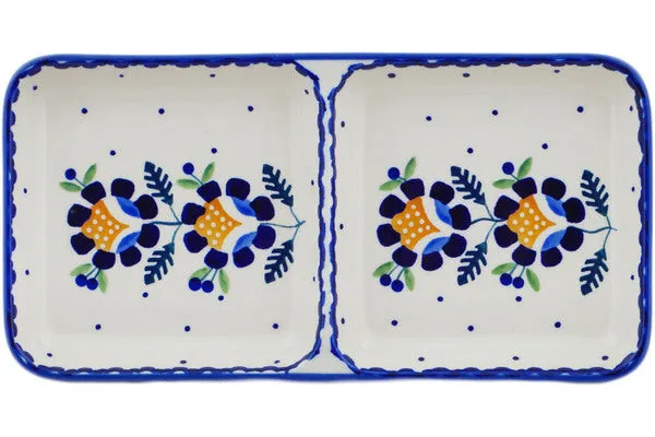Polish Pottery 10" Divided Dish Orange And Blue Flower