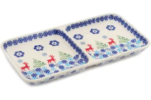 Polish Pottery 10" Divided Dish Ring Around The Reindeer