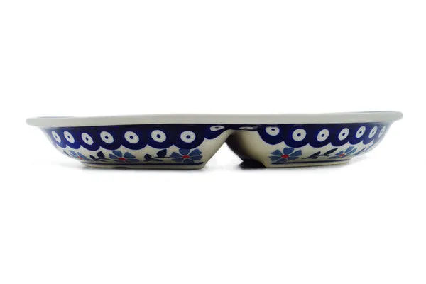 Polish Pottery 11" Divided Dish Peacock Forget-Me-Not