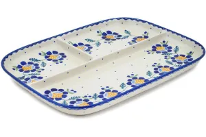 Polish Pottery 12" Divided Dish Orange And Blue Flower