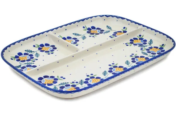 Polish Pottery 12" Divided Dish Orange And Blue Flower