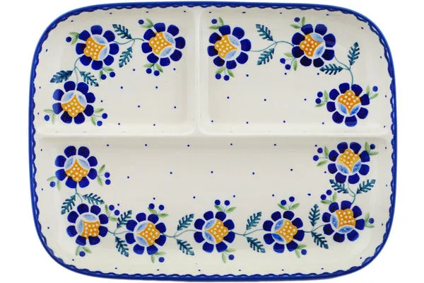 Polish Pottery 12" Divided Dish Orange And Blue Flower