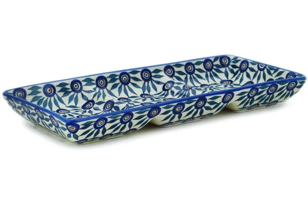 Polish Pottery 14" Divided Dish Peacock Train UNIKAT