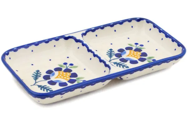 Polish Pottery 7" Divided Dish Orange And Blue Flower