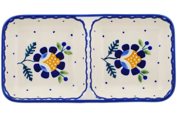 Polish Pottery 7" Divided Dish Orange And Blue Flower