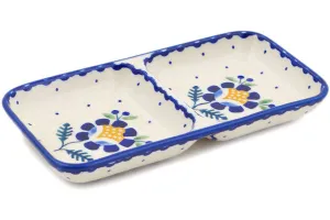 Polish Pottery 7" Divided Dish Orange And Blue Flower