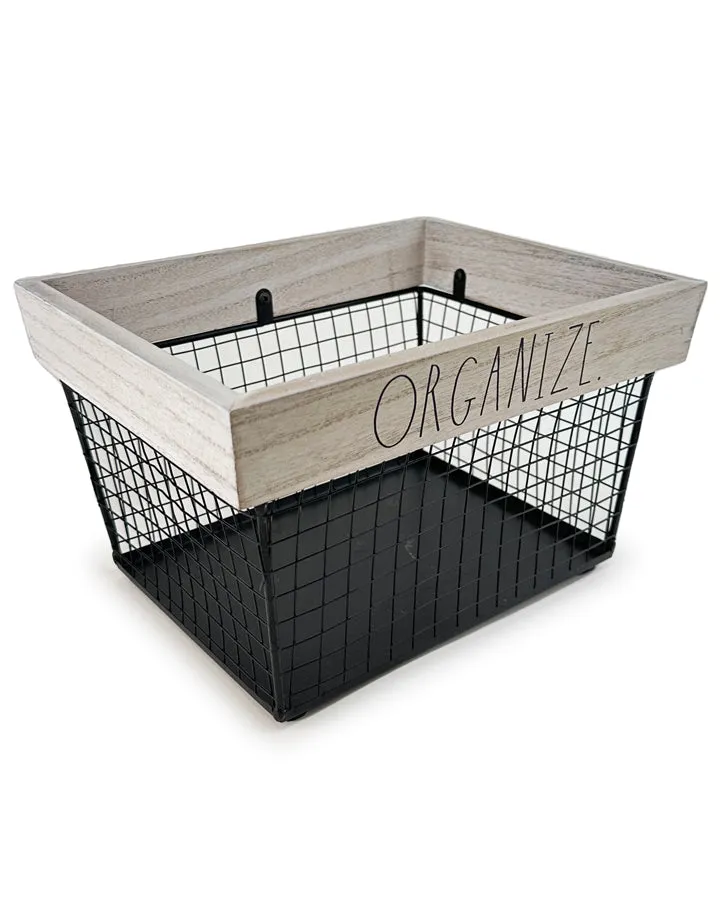 Rae Dunn “Organize” Black Wired Basket with Wooden Frame