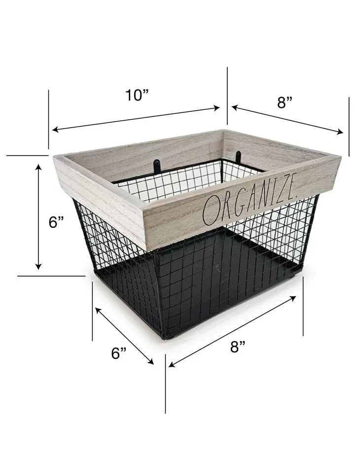 Rae Dunn “Organize” Black Wired Basket with Wooden Frame