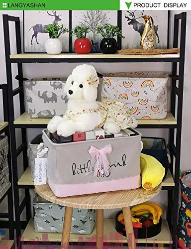 Rectangle Canvas Collapsible Storage Basket w/Handles for Toys, Laundry, Office, Closets (Pink and Gray Little Girl)