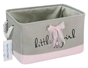Rectangle Canvas Collapsible Storage Basket w/Handles for Toys, Laundry, Office, Closets (Pink and Gray Little Girl)