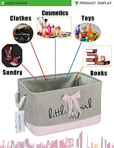 Rectangle Canvas Collapsible Storage Basket w/Handles for Toys, Laundry, Office, Closets (Pink and Gray Little Girl)