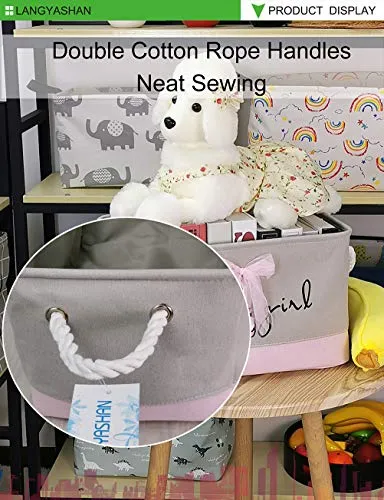 Rectangle Canvas Collapsible Storage Basket w/Handles for Toys, Laundry, Office, Closets (Pink and Gray Little Girl)