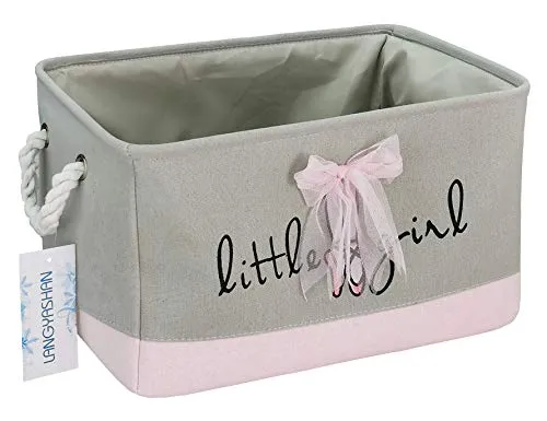 Rectangle Canvas Collapsible Storage Basket w/Handles for Toys, Laundry, Office, Closets (Pink and Gray Little Girl)