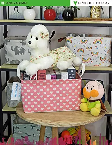 Rectangle Canvas Collapsible Storage Basket w/Handles for Toys, Laundry, Office, Closets (Pink and White Hearts)