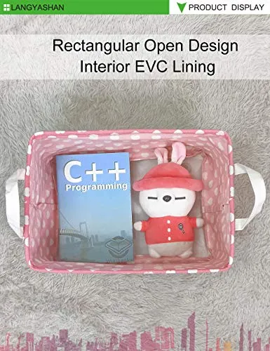 Rectangle Canvas Collapsible Storage Basket w/Handles for Toys, Laundry, Office, Closets (Pink and White Hearts)