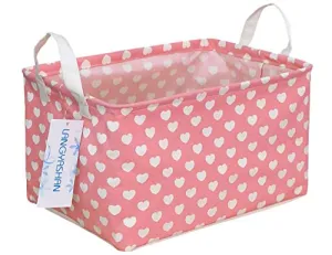 Rectangle Canvas Collapsible Storage Basket w/Handles for Toys, Laundry, Office, Closets (Pink and White Hearts)