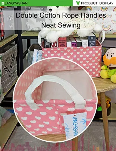 Rectangle Canvas Collapsible Storage Basket w/Handles for Toys, Laundry, Office, Closets (Pink and White Hearts)