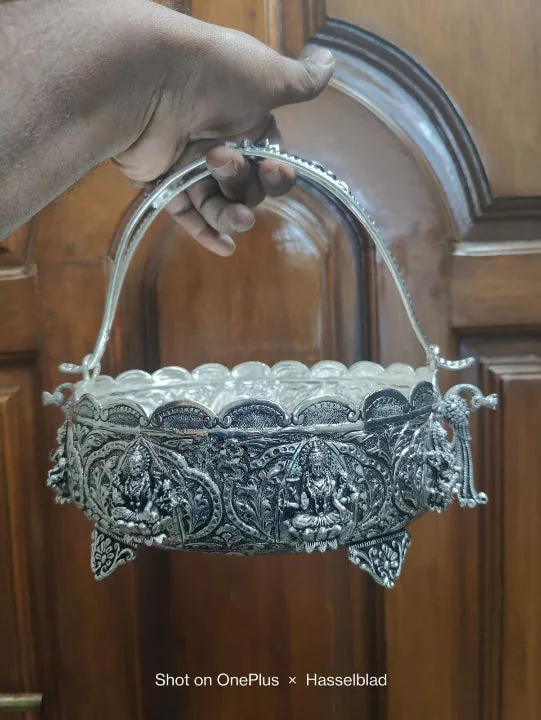 Shankari , Antique finish German Silver Asta Lakshmi Design Flower Basket -SILU001FB