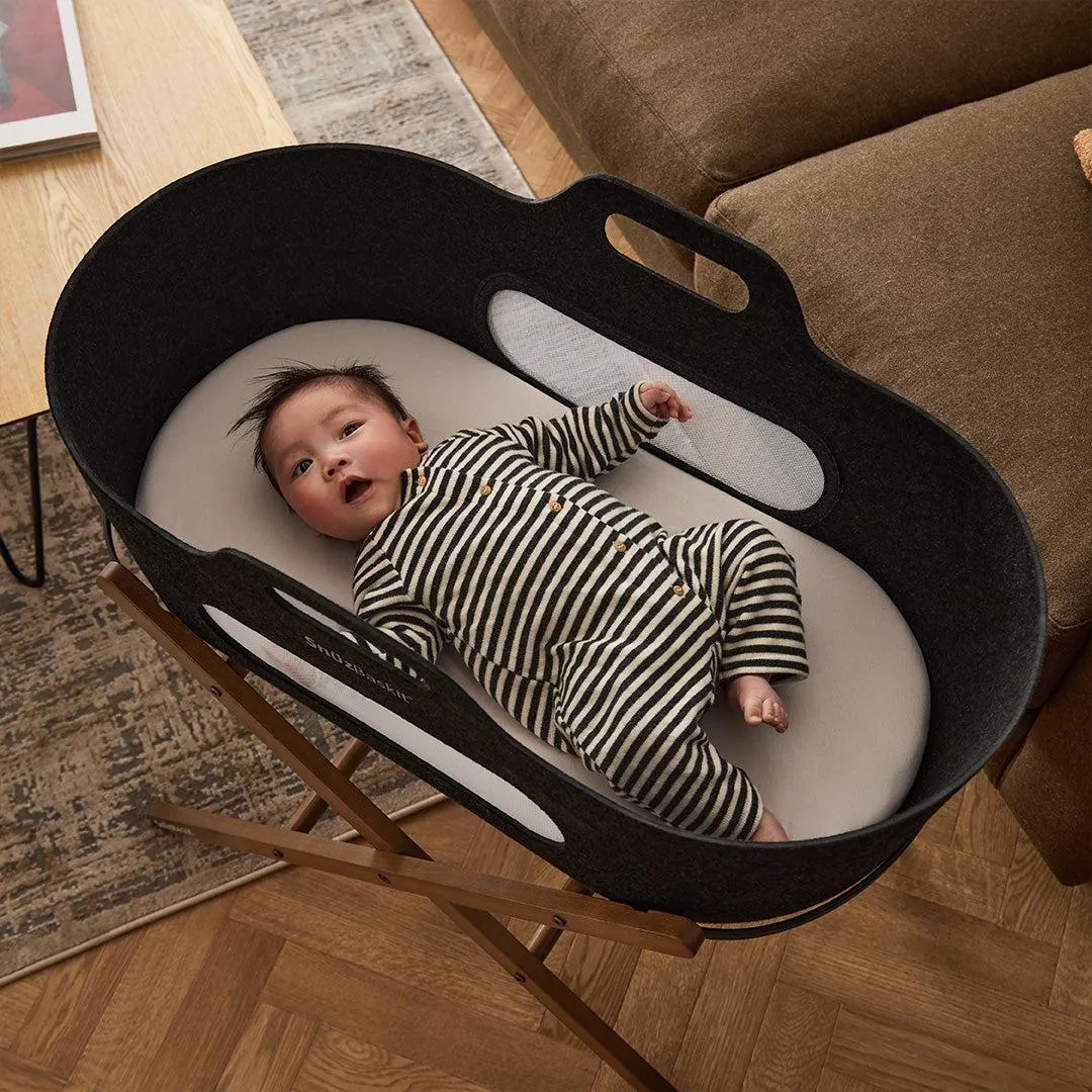 SnuzBaskit  Graphite Moses Basket   Walnut Stand - Graphite / Walnut