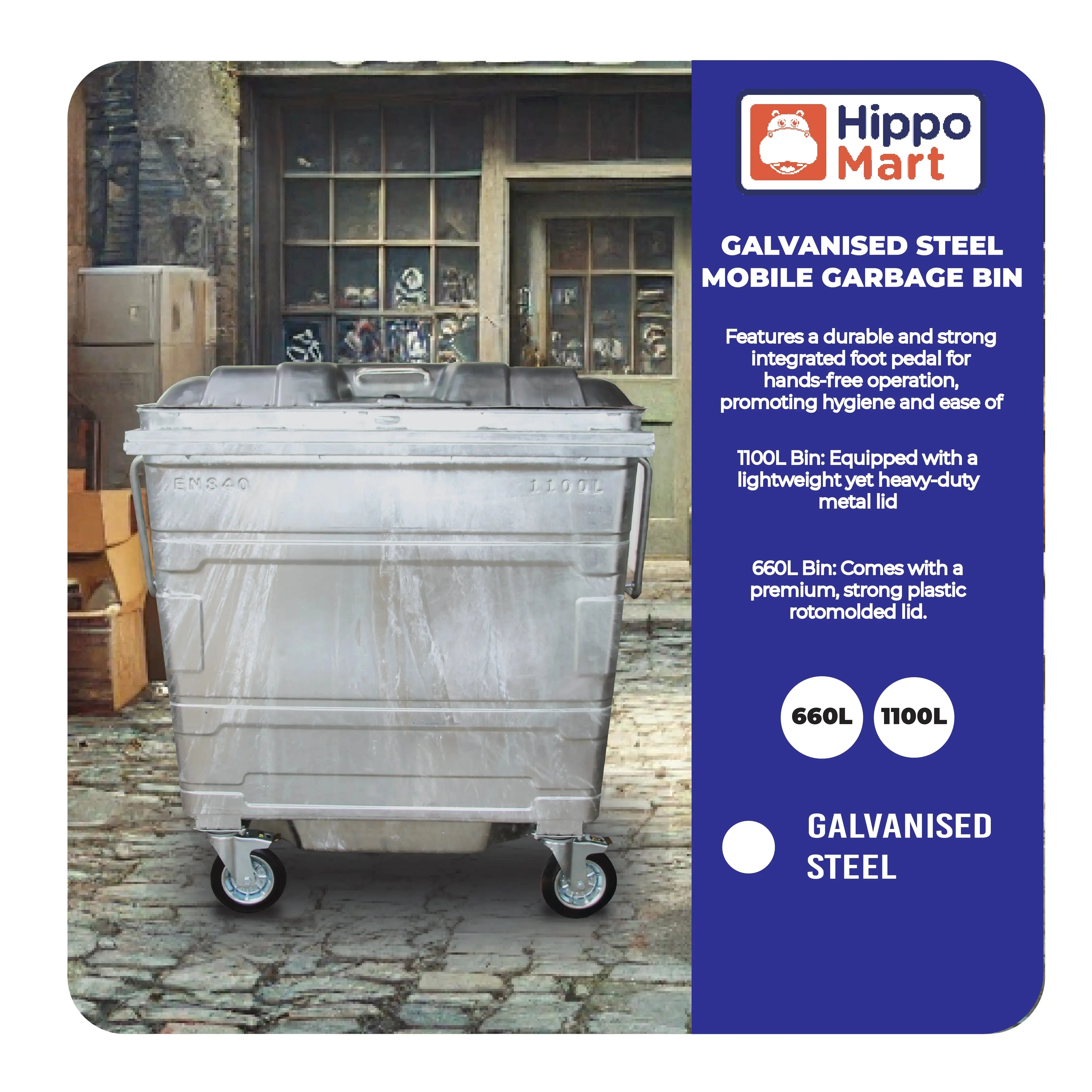 Steel Mobile Garbage Bin | MGB | 660L, 1100L | Trash Bin | Dustbin | Garbage Bin | Trash Bin