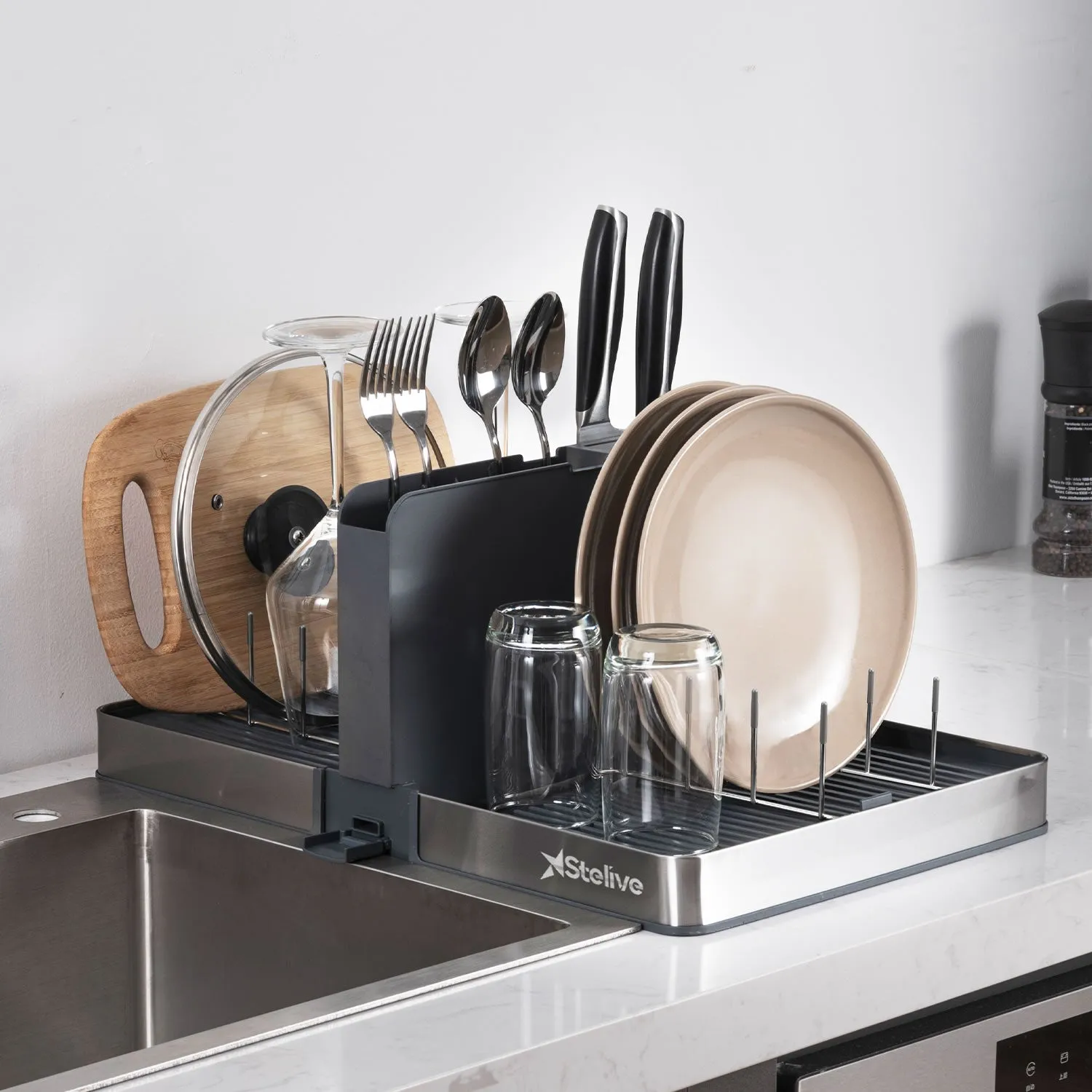 Stelive Foldable Dish Drying Rack with Dual Parts for Kitchen Counter Space-Saving Rack - Rustproof Removable Utensil Drainer & Drainage Spout, Gray