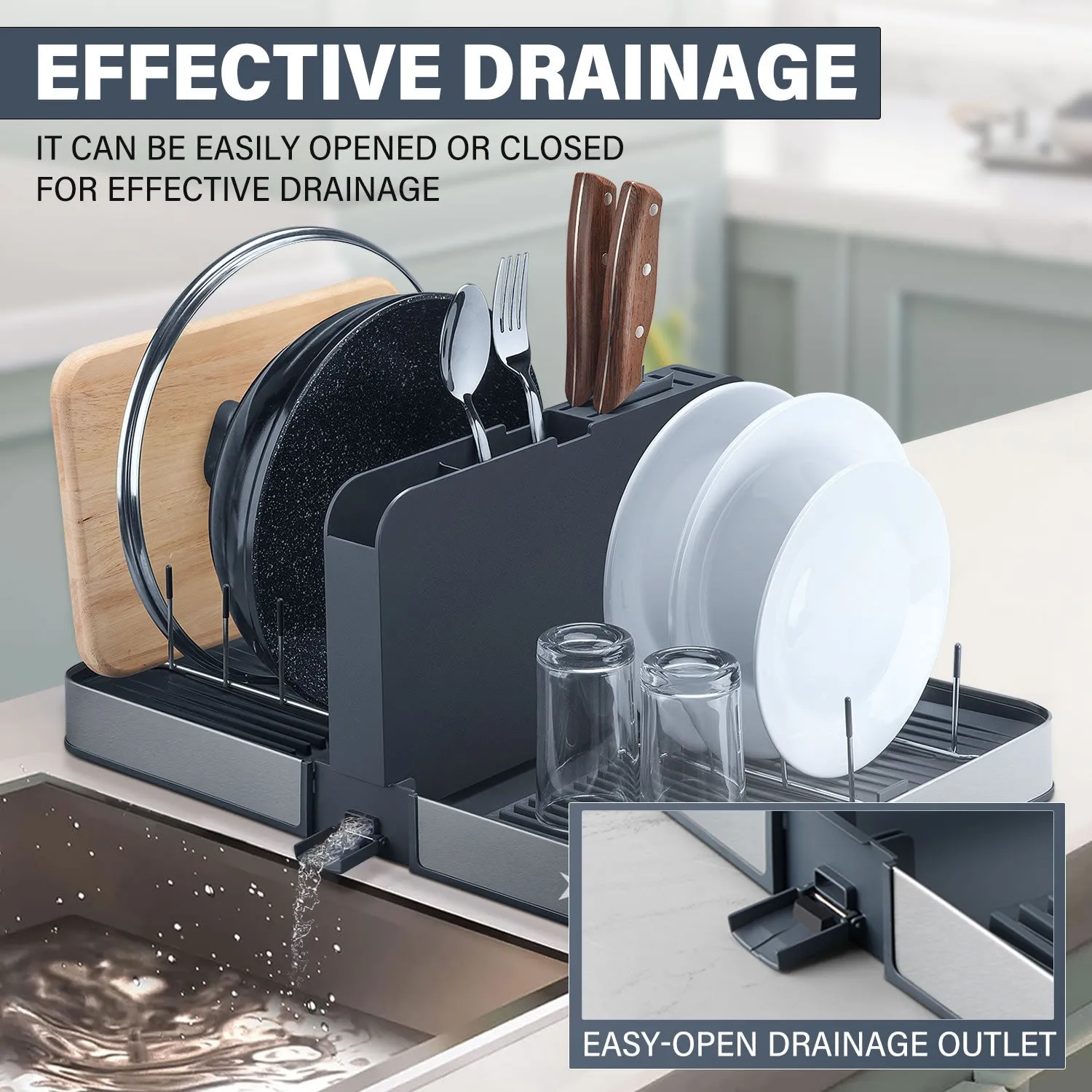 Stelive Foldable Dish Drying Rack with Dual Parts for Kitchen Counter Space-Saving Rack - Rustproof Removable Utensil Drainer & Drainage Spout, Gray