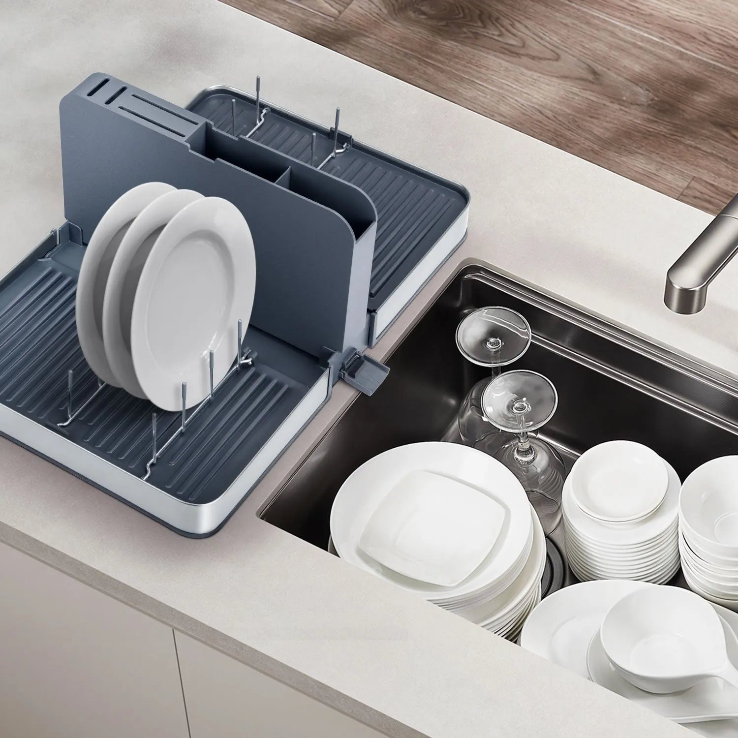 Stelive Foldable Dish Drying Rack with Dual Parts for Kitchen Counter Space-Saving Rack - Rustproof Removable Utensil Drainer & Drainage Spout, Gray