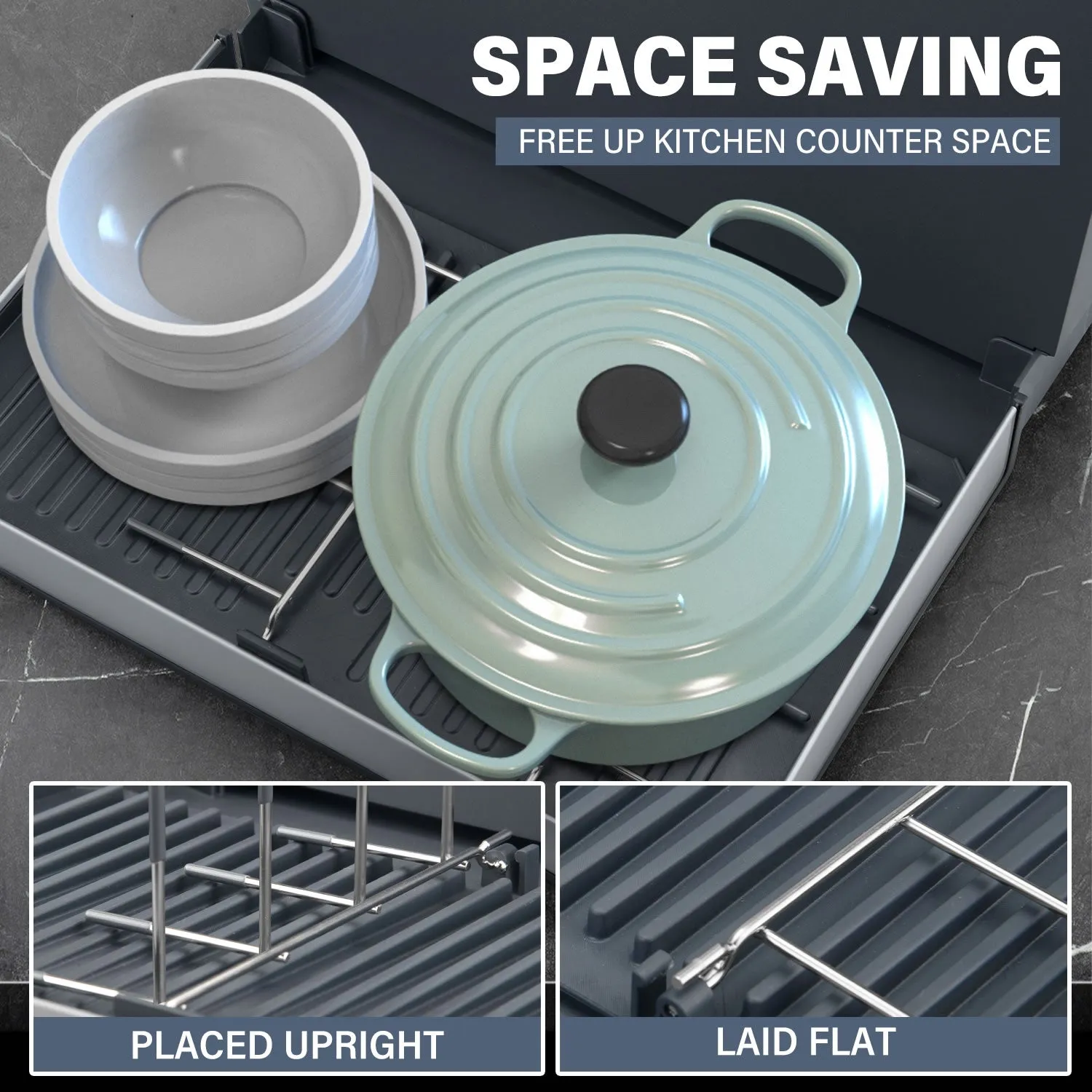 Stelive Foldable Dish Drying Rack with Dual Parts for Kitchen Counter Space-Saving Rack - Rustproof Removable Utensil Drainer & Drainage Spout, Gray