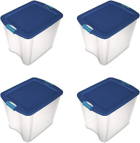 Sterilite 14489604 26 Gallon Latch & Carry Clear Base / Blue Lid Tote Storage Box - Quantity of 4