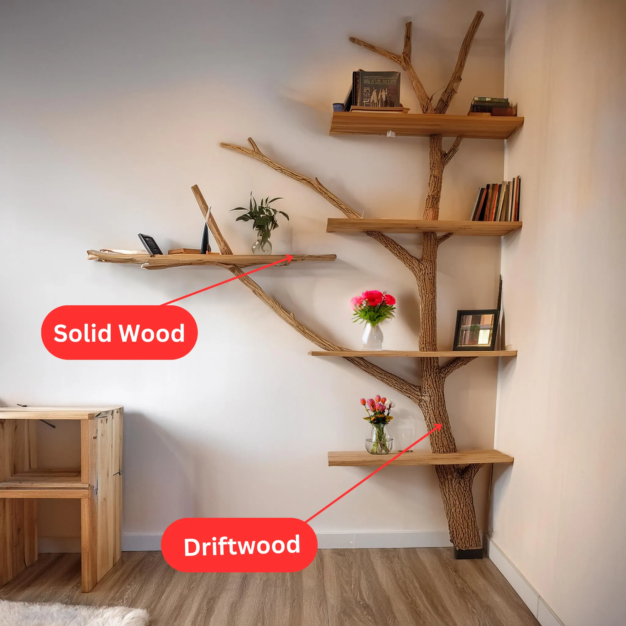 Tree Branch Shelf Bookcase in Live Edge Wood