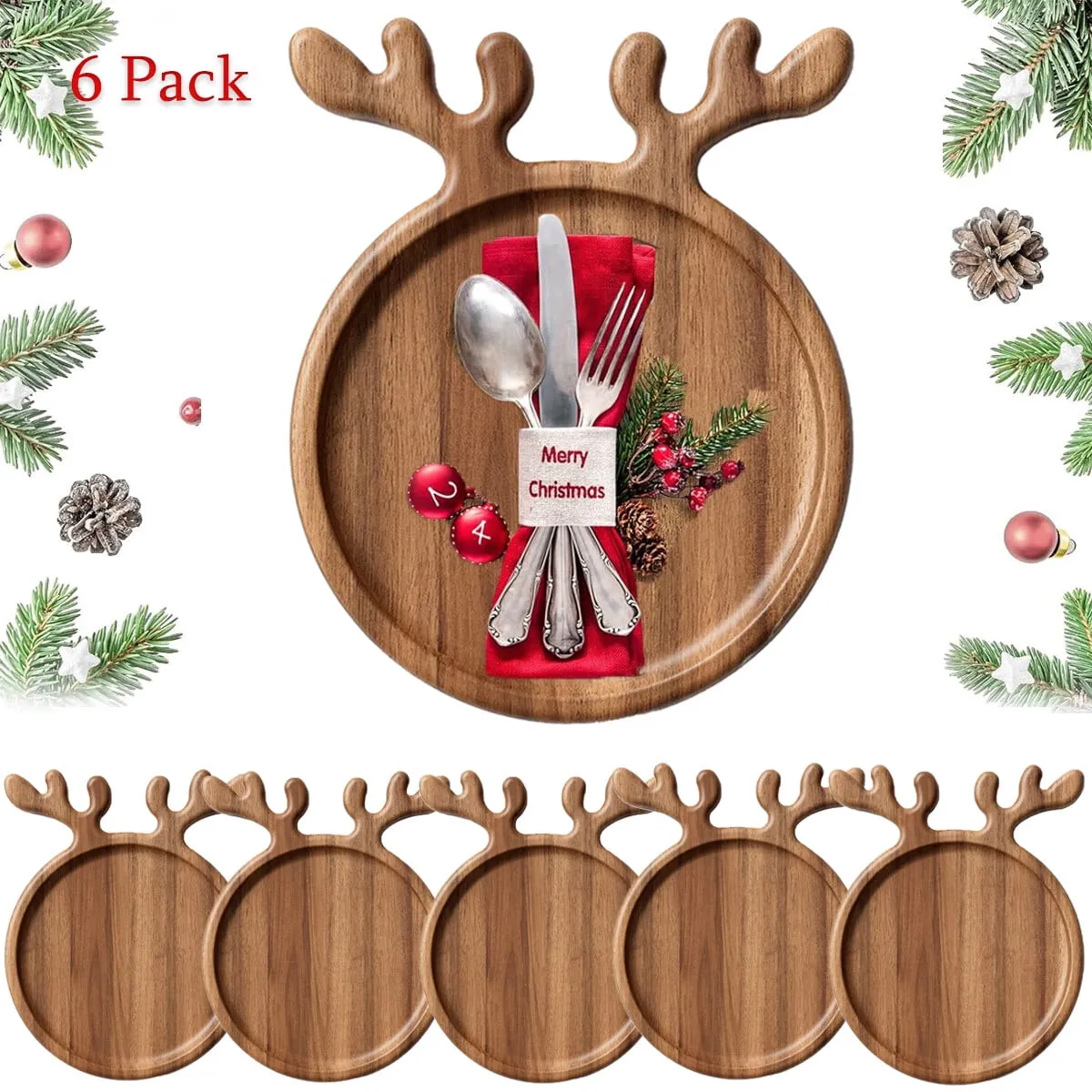 valiant 6pcs Charcuterie Dessert Board Antler-Shaped Appetizer Platter Christmas Wood Dinner Tray Dessert Snacks Tray for Restaurant Home Tree 6 Pack