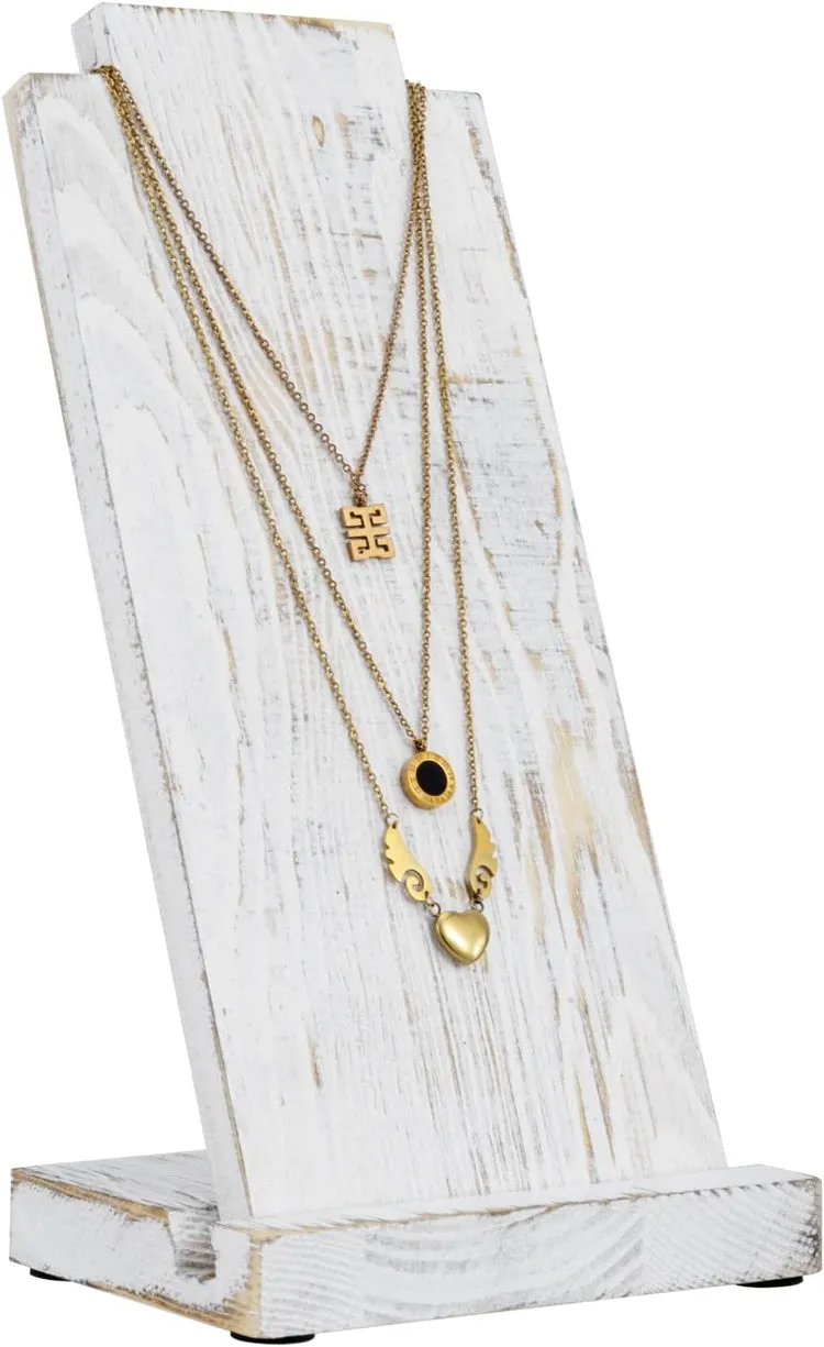 Whitewashed Wood Necklace Easel Stand with Detachable Board and Base, Tabletop Adjustable Jewelry Holder Retail Display