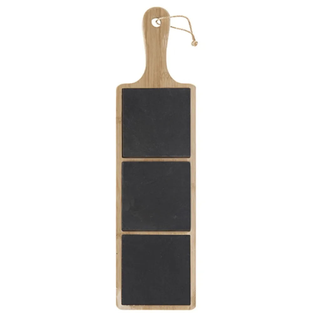 Wooden & Slate Serving Tray With Handle 44cm