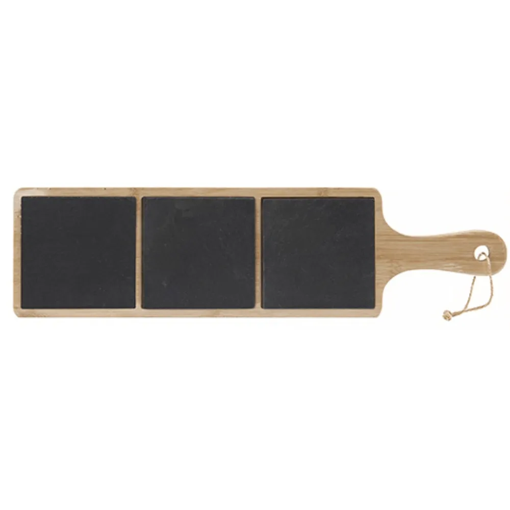 Wooden & Slate Serving Tray With Handle 44cm