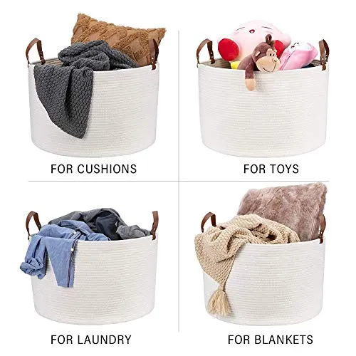 Woven Storage Basket XXLarge Cotton Rope Storage Basket 20"x13" Blanket Basket with Leather Handles, Woven Laundry Basket Nursery Hamper Toy Storage Basket - Cream White