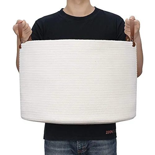 Woven Storage Basket XXLarge Cotton Rope Storage Basket 20"x13" Blanket Basket with Leather Handles, Woven Laundry Basket Nursery Hamper Toy Storage Basket - Cream White