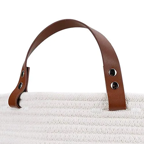 Woven Storage Basket XXLarge Cotton Rope Storage Basket 20"x13" Blanket Basket with Leather Handles, Woven Laundry Basket Nursery Hamper Toy Storage Basket - Cream White
