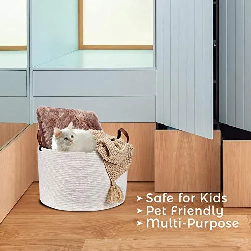 Woven Storage Basket XXLarge Cotton Rope Storage Basket 20"x13" Blanket Basket with Leather Handles, Woven Laundry Basket Nursery Hamper Toy Storage Basket - Cream White