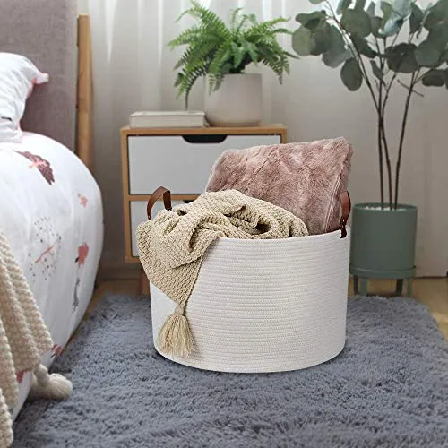 Woven Storage Basket XXLarge Cotton Rope Storage Basket 20"x13" Blanket Basket with Leather Handles, Woven Laundry Basket Nursery Hamper Toy Storage Basket - Cream White