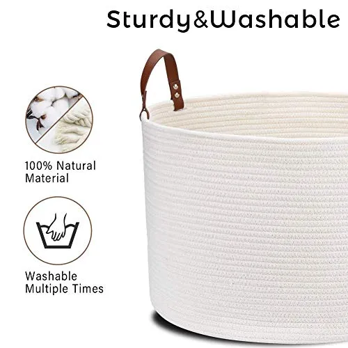 Woven Storage Basket XXLarge Cotton Rope Storage Basket 20"x13" Blanket Basket with Leather Handles, Woven Laundry Basket Nursery Hamper Toy Storage Basket - Cream White