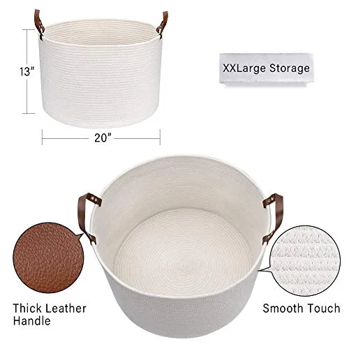 Woven Storage Basket XXLarge Cotton Rope Storage Basket 20"x13" Blanket Basket with Leather Handles, Woven Laundry Basket Nursery Hamper Toy Storage Basket - Cream White