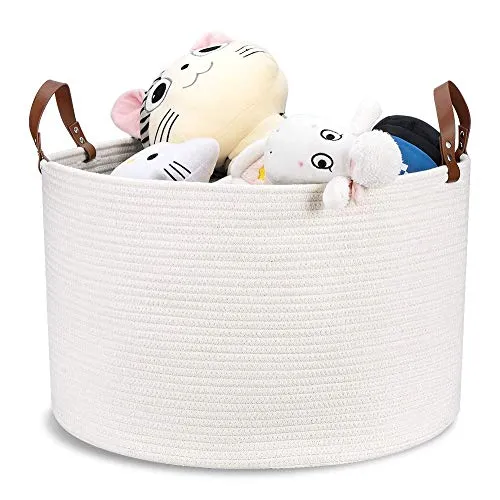 Woven Storage Basket XXLarge Cotton Rope Storage Basket 20"x13" Blanket Basket with Leather Handles, Woven Laundry Basket Nursery Hamper Toy Storage Basket - Cream White